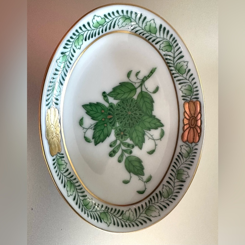 Hand Painted Herend Hungary Chinese Green Bouquet ExquisiteTrinket Dish Ashtray